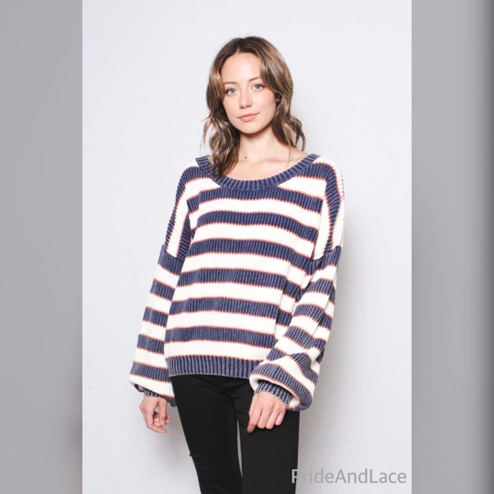Navy/ White/ Red Cotton Striped Pull Over Sweater
